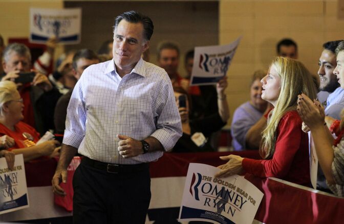 Republican U.S. presidential candidate Mitt Romney arrives at a campaign rally at Westerville South High School September 26, 2012 in Westerville, Ohio. Romney continued his two-day "Romney Plan For A Stronger Middle Class" bus tour in the state of Ohio.