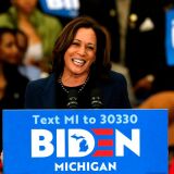 California Senator Kamala Harris endorses Democratic presidential candidate former Vice President Joe Biden as she speaks to supporters during a campaign rally at Renaissance High School in Detroit, Michigan on March 9, 2020. (Photo by JEFF KOWALSKY / AFP) (Photo by JEFF KOWALSKY/AFP via Getty Images)