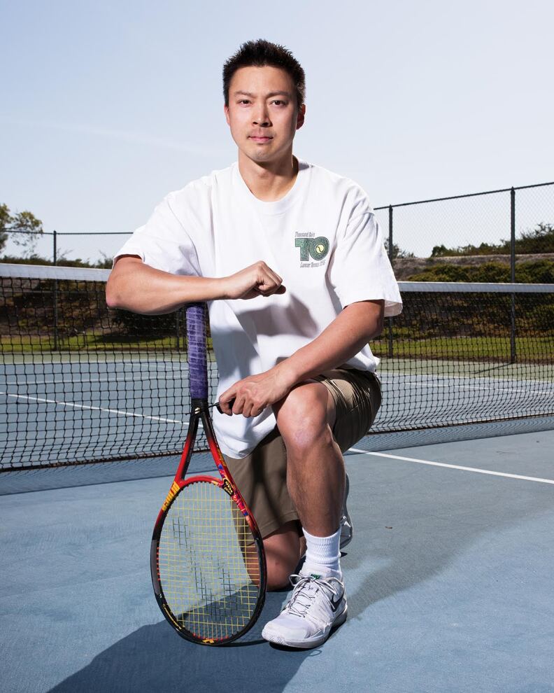 Photographer Jeff Sheng in 2015, recreating his high school tennis photo. "I realized that I was never able to be an out athlete," he writes in "Fearless," "but I wanted to recognize others who could."