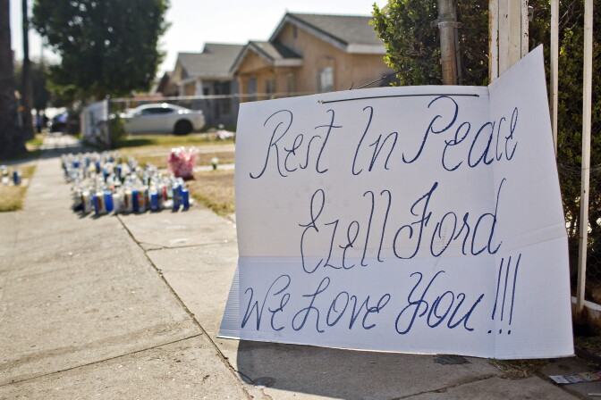A memorial for Ezell Ford stands on the 200 block of West 65th Street, where he was shot by LAPD officers.
