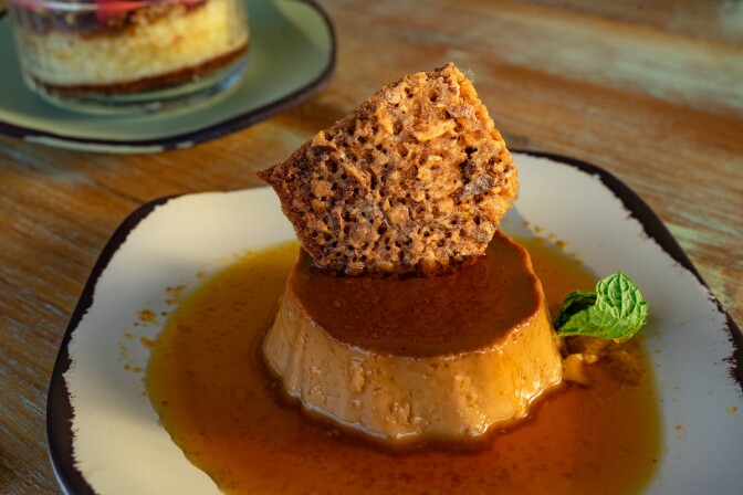 An image of a piece of flan on a plate.