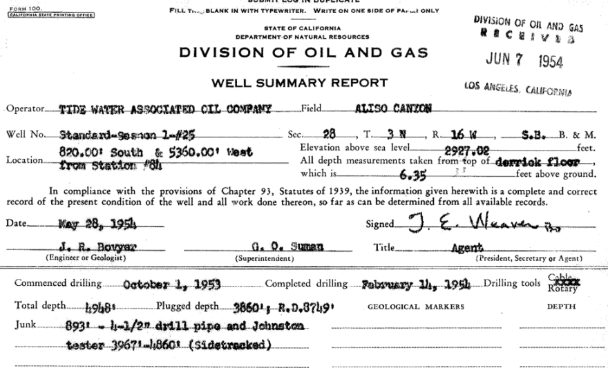 This portion of the well record for failed well known Standard Sesnon-25 shows that some "junk" was left inside the well after it was completed. That junk, at 893 feet below the surface, is about one foot away from the site where the well casing ruptured. It is unclear from reports filed with state utilities regulators what, if anything, the lost equipment had to do with the disastrous well break.