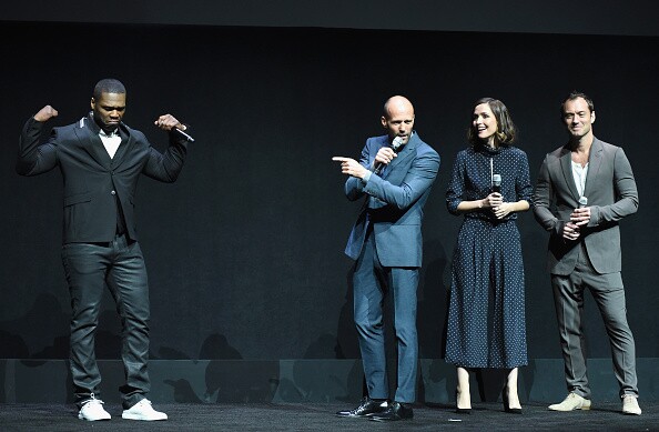 LAS VEGAS, NV - APRIL 23:  (L-R)  Rapper Curtis "50 Cent" Jackson III, actors Jason Statham, Rose Byrne and Jude Law speak onstage during 20th Century Fox Invites You to a Special Presentation Highlighting Its Future Release Schedule at The Colosseum at Caesars Palace during CinemaCon, the official convention of the National Association of Theatre Owners, on April 23, 2015 in Las Vegas, Nevada.  (Photo by Michael Buckner/Getty Images for CinemaCon)