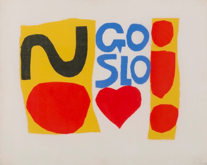 A reproduction of a silkscreen print with red circles and the text, "go slo" on it.