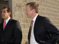 Mayor Antonio Villaraigosa and First Deputy Mayor and Chief Executive Officer for Economic and Business Policy Austin Beutner at the unveiling of WET's Idea Playground, a new complex dedicated to discovery and innovation featuring Los Angeles' first 'permeable' grass parking lot, on January 14, 2010 in Sun Valley, California.