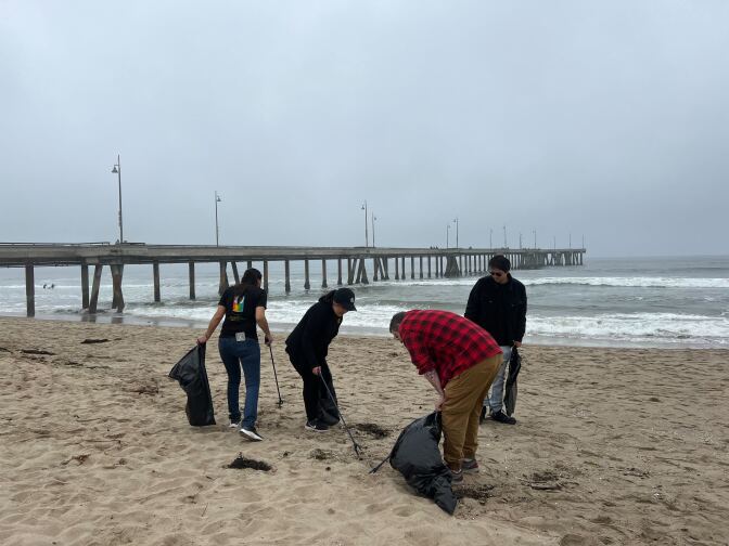 Four people pick up trash on the beach on an overcast day. Three of the people are wearing dark tshirts while one is wearing a red and black plaid shirt and khaki pants. The volunteers are holding trash bags. 