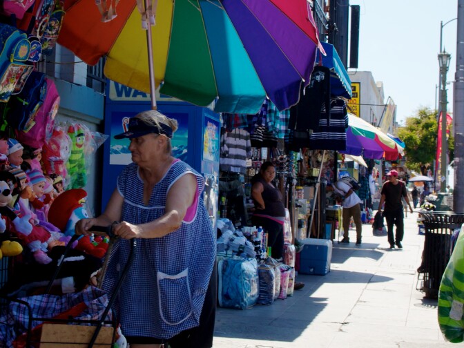 The many colors of the South Alvarado Street sidewalk.