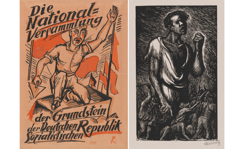 two political posters, one of a German worker kneeling and another of a black and white image of a worker surrounded by smaller workers