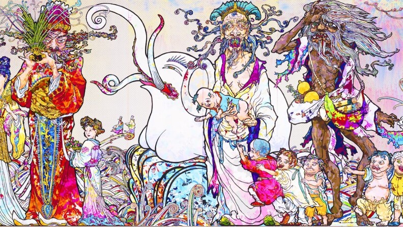 Colorful image of fantastical characters, some children, some grown adults