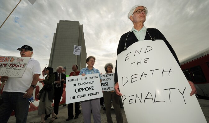 Anti-death penalty campaigners stage a demonstration and march outside the Federal Bulding in Los Angeles on September 28, 2010.  Anti-death penalty campaigners slammed California's bid to resume executions this week after a five-year hiatus, as a killer's fate remained uncertain amid a shortage of a key drug. Albert Greenwood Brown, convicted of the 1980 abduction and rape of a 15-year-old schoolgirl, is scheduled to die at 9:00 pm Thursday (0400 GMT Friday) after a legal delay ordered by Governor Arnold Schwarzenegger. But the execution, due to take place at San Quentin prison, north of San Francisco, is also in doubt as it would come hours before the expiration date of the jail's remaining stock of a key lethal drug used in the death chamber.