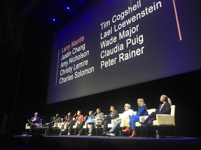 Larry Mantle and the critics at the Oscars preview event at the Theatre at Ace Hotel.