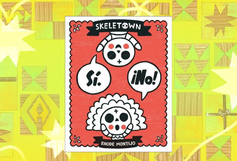 An illustration containing the striking cover of the book entitled "Si. ¡No!": The cover is all in red, white and black, and shows two mischievous and playful skeleton children, drawn in a style reminiscent of Day of The Dead skulls. The book cover is set against a decorative lime green background accented with stars, gift boxes and strands of ribbon.