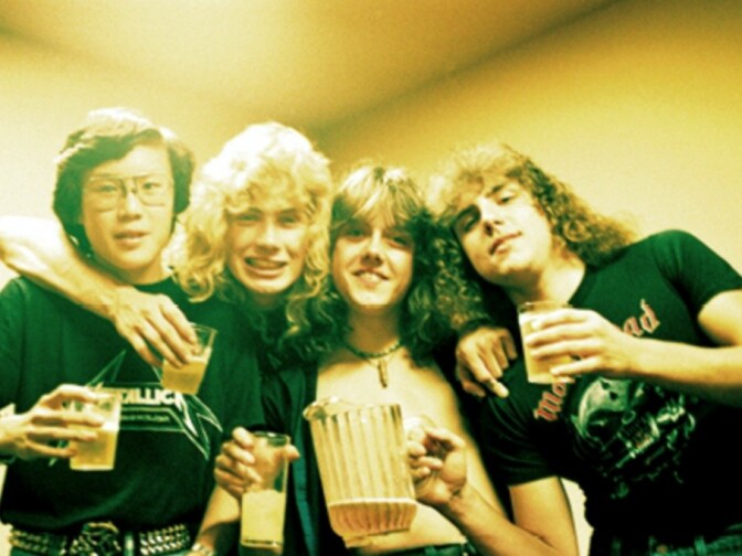 Author Brian Lew celebrating his 19th birthday backstage at the Old Waldorf in San Francisco with Metallica’s Dave Mustaine, Lars Ulrich and Ron McGovney, 1982 (photographer unknown)
