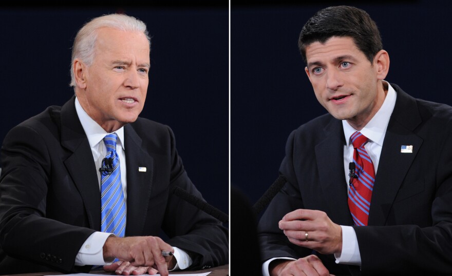 A combination picture of the vice presidential debate between US Vice President Joe Biden (L) and Republican vice presidential candidate Paul Ryan at the Norton Center at Centre College in Danville, Kentucky, October 11, 2012, moderated by Martha Raddatz of ABC News.