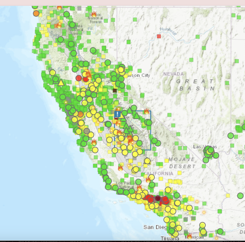 A screenshot of air quality across the state of California.