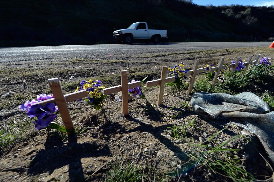 SAN BERNARDINO, CA - FEBRUARY 15:  Eight crosses representing victims of recent tour bus crash sit on Highway 38 on February 15, 2013 in San Bernardino, California. Responding to the deadly tour bus crash in Southern California, teams of federal inspectors will target bus companies with a history of problems as part of a national crackdown aimed at weeding out unsafe operators.  (Photo by Kevork Djansezian/Getty Images)