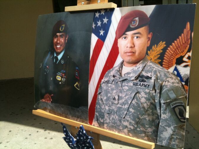 Sgt. Israel Garcia died in combat in Afghanistan in 2008. Friends and family unveiled a memorial bench in front of the library at Poly High School in Long Beach. Garcia graduated from the school in 2002.