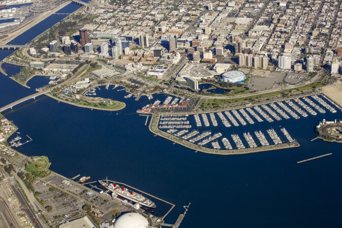 Aerial views of Long Beach show low-lying communities that could be significantly affected by a rise of just a few feet in the sea level.