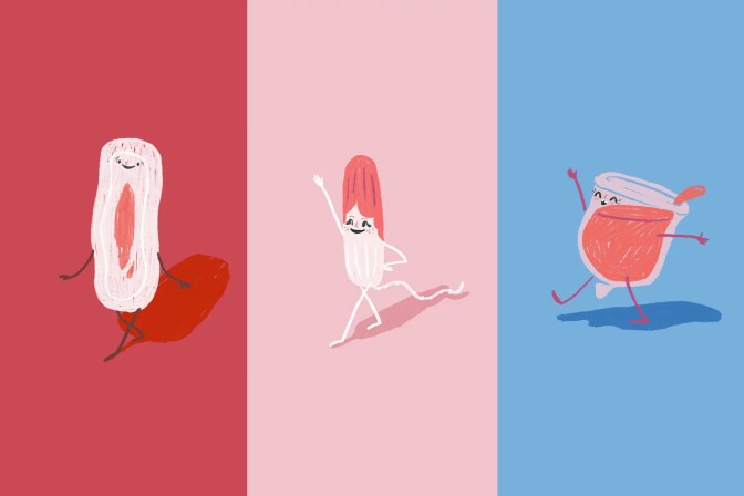 An illustration of three menstrual products: a pad, a tampon, and a diva cup.