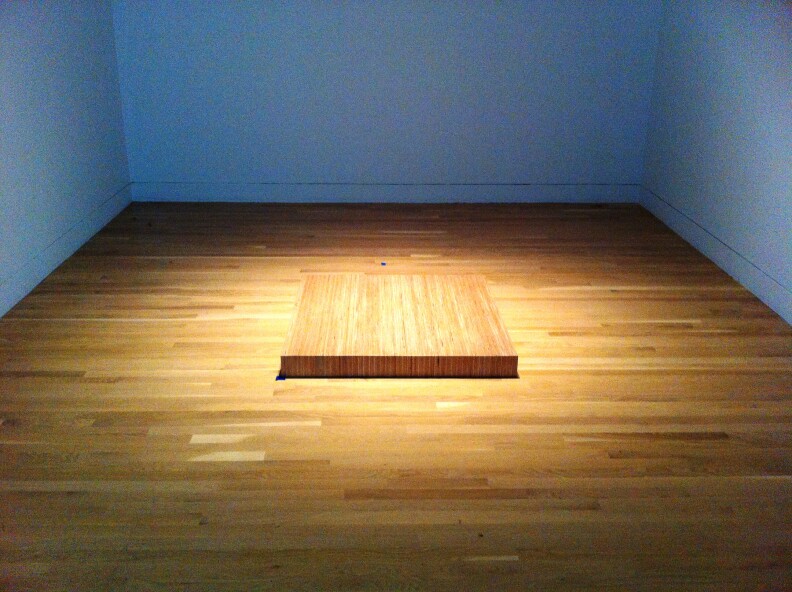 Camilo Ontiveros wanted to bring a cube of earth from Mexico to the US for a piece he called El Pedón. He wasn't allowed to, so there's a video about the project, and an empty platform.