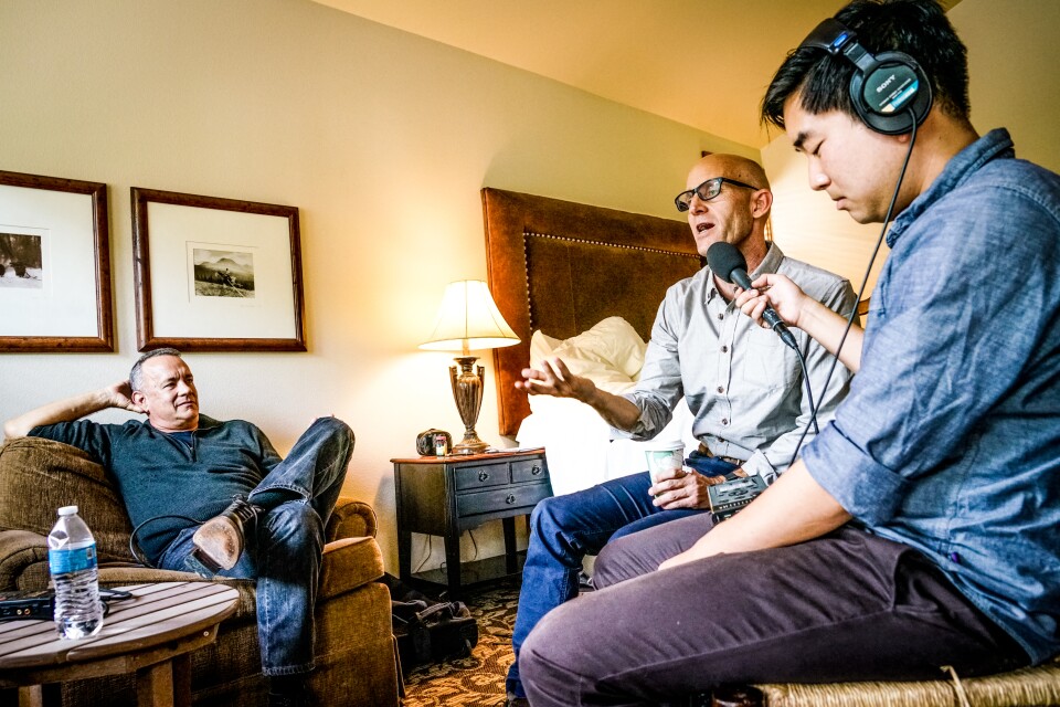 (L-R) Tom Hanks, "The Frame" host John Horn, "The Frame" producer James Kim talking about "Sully" at the Telluride Film Festival. 