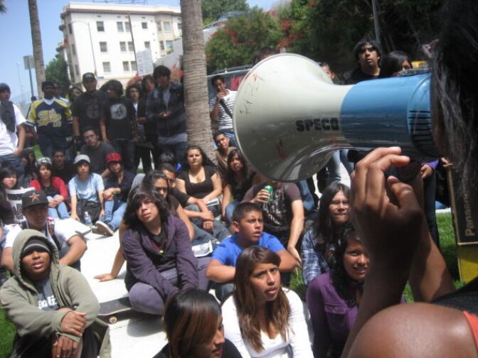 Hundreds of students from Santee High School marched to LA Unified headquarters to protest planned teacher layoffs.