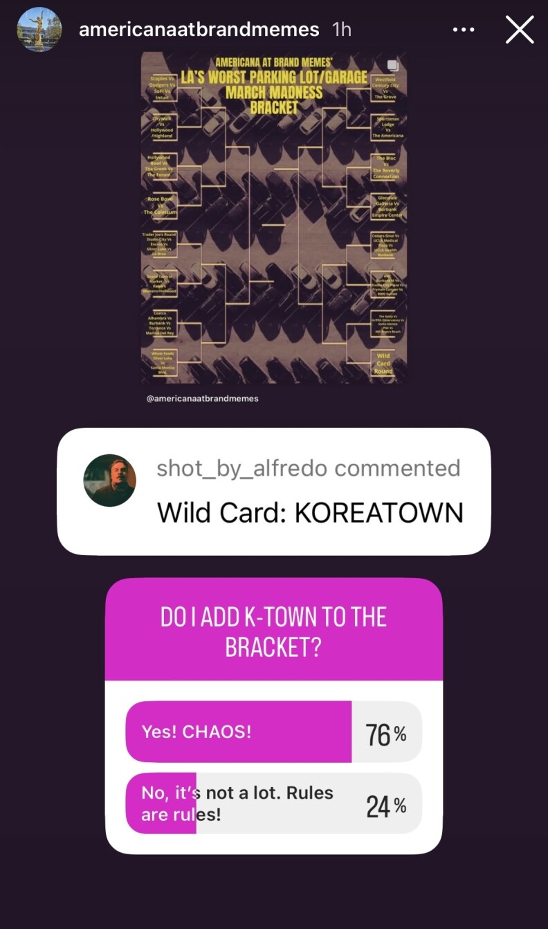 A screenshot of a social media post. A white box is in the middle with black text that reads "shot_by_alfredo commented Wild Card: KOREATOWN." Another purple and white box is below it, with white text that reads "Do I add K-Town to the bracket?" with the option "Yes! CHAOS!" mostly filled in at 76%.