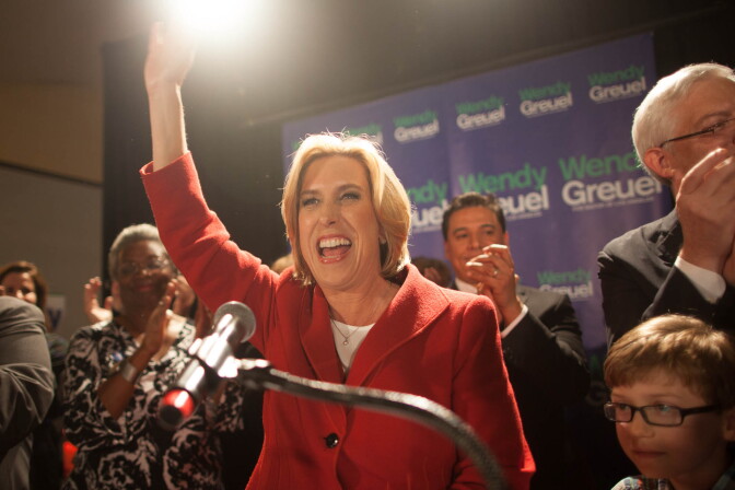 City Controller Wendy Greuel speaks to her supporters after moving forward to a runoff against Councilman Eric Garcetti in the race for Los Angeles mayor.