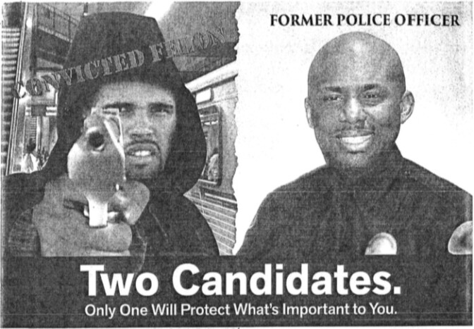 An image provided by Prophet Walker's attorneys shows part of a campaign mailer sent out by then-California Assembly candidate Mike Gipson that superimposed Walker's face over a hooded figure holding a handgun and pointing it at the viewer.