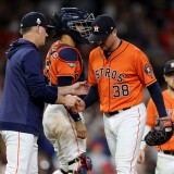 HOUSTON, TEXAS - OCTOBER 30:  Joe Smith #38 of the Houston Astros is taken out of the game against the Washington Nationals during the ninth inning in Game Seven of the 2019 World Series at Minute Maid Park on October 30, 2019 in Houston, Texas. (Photo by Elsa/Getty Images)