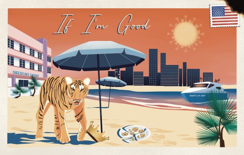 An illustration resembling a postcard of a tiger walking on a beach. The tiger is underneath a beach umbrella with a crown at his feet. Slight off to the right is a plate of broken cookies. There is a building to his left with the signage Cheesecake factory, and to the right is a boat coming to shore with a city skyline in the distance.
