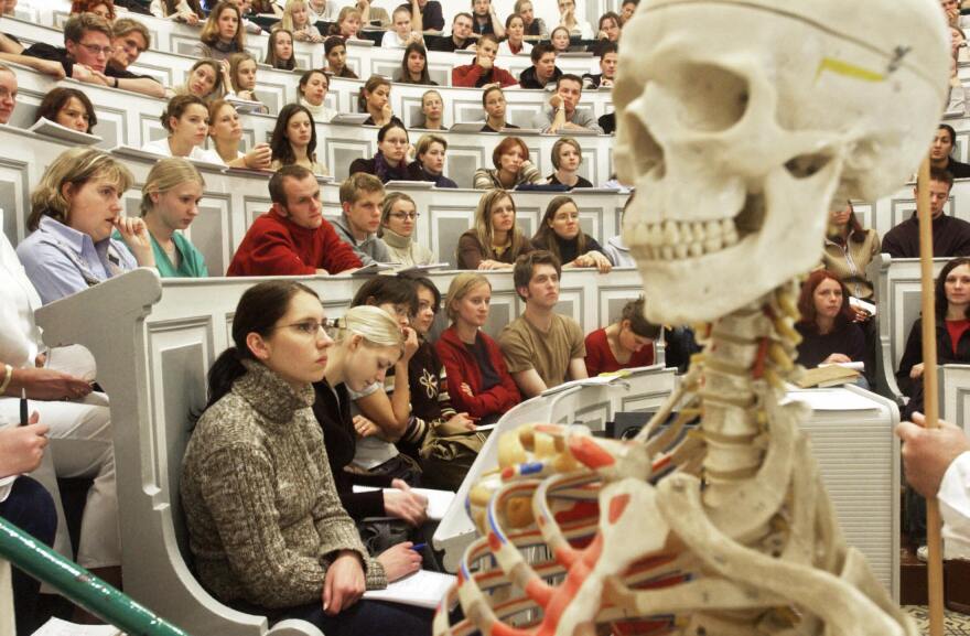 Medicine students face a skeleton as they attend a lecture in an auditorium.