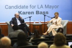 Larry Mantle sits across from Karen Bass