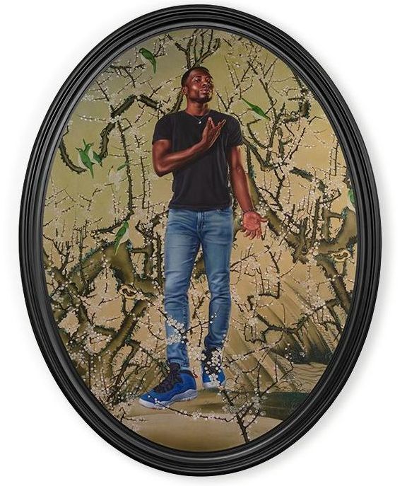 A Kehinde Wiley painting of Plum Blossoms and Small Birds featuring a Black man in jeans and t-shirt against a Japanese backdrop.