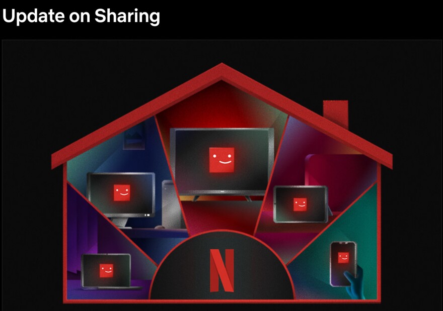 Image of the side view of a home. The Netflix letter N is downstairs in the center, with four televisions and one mobile phone surrounding it in other rooms.