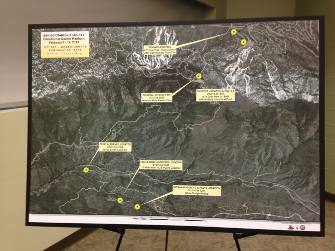 A San Bernardino County Sheriff's Department map showing locations of various incidents in the manhunt for alleged murderer and ex-LAPD officer Christopher Dorner.
