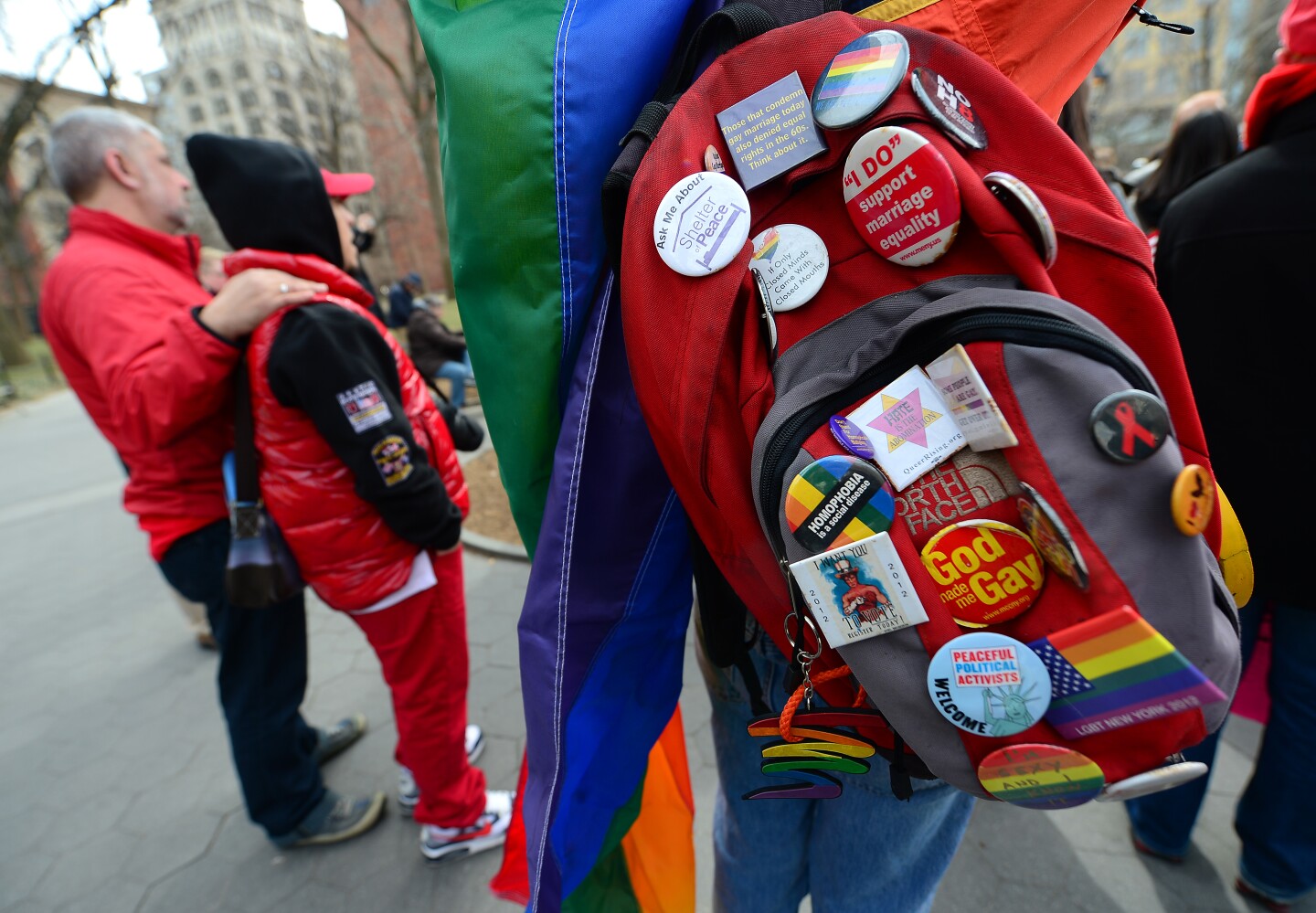 Marriage equality supporters take part in a march and rally ahead of US Supreme Court arguments on legalizing same-sex marriage in New York on March 24, 2013.