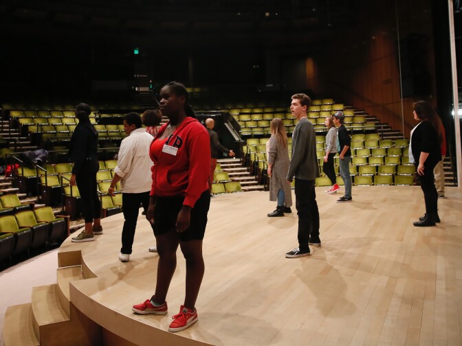 Students in rehearsal for the 2016 August Wilson Monologue Competition held at the Center Theatre Group/Mark Taper Forum on January 30, 2016, in Los Angeles, California.