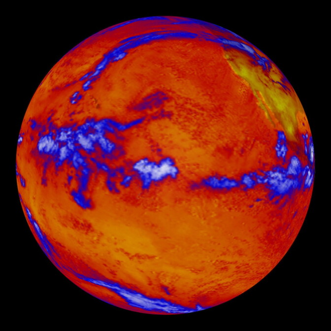 This image shows heat radiating from the Pacific Ocean as imaged by the NASA’s Clouds and the Earth's Radiant Energy System instrument on the Terra satellite. (Blue regions indicate thick cloud cover.)