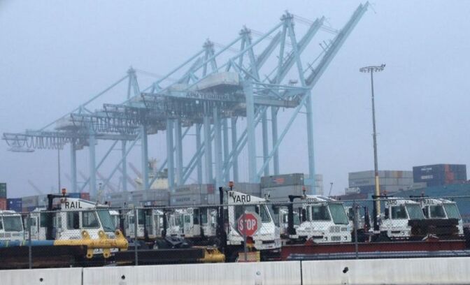 Few striking workers walking the picket lines, but plenty of idle trucks at the APM Terminals at the Port of Los Angeles.