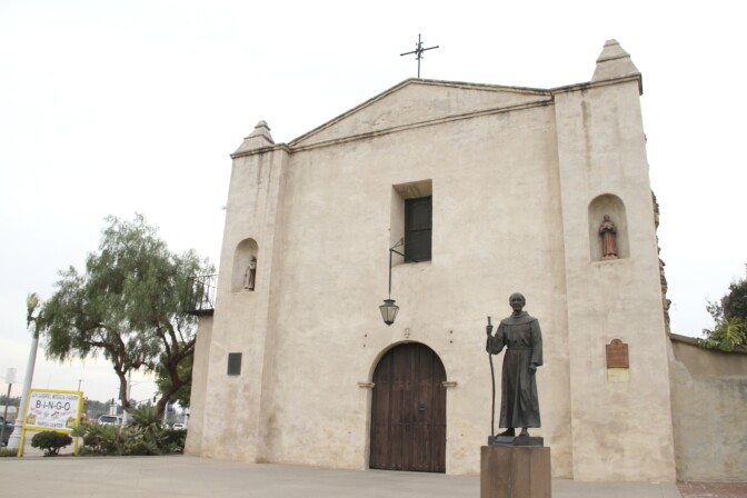 View of the front entrance of the San Gabriel Mission.