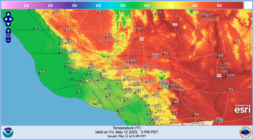 A map showing Southern California shows areas in green, yellow, orange and red, indicating the temperature.