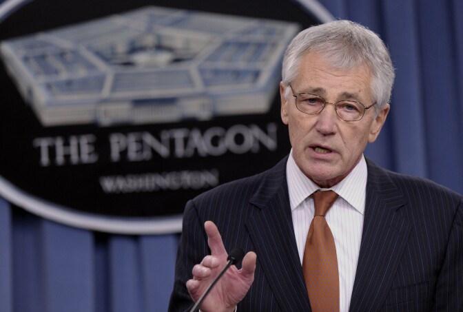 FILE - In this Feb. 7, 2014 file photo, Defense Secretary Chuck Hagel speaks during a briefing at the Pentagon.   A U.S. official says that as part of the proposed 2015 defense budget, Pentagon chief Chuck Hagel is recommending shrinking the Army to its smallest size in decades.  (AP Photo/Susan Walsh)