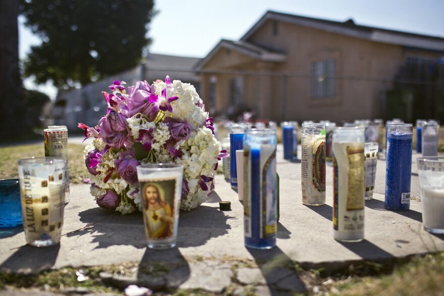 A memorial for 26-year-old Ezell Ford stands on the 200 block of West 65th Street on Thursday morning, August 14, where Ford was fatally shot on Monday by Los Angeles Police.