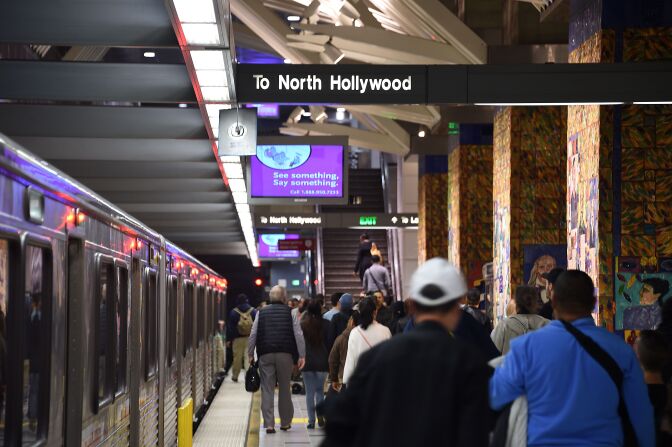 Passengers walk on the platform after exiting a train at the Universal City Metro train station on December 6, 2016 in Universal City, California.
Authorities ratcheted up security on the Los Angeles metro following a tip from overseas about an impending bomb attack Tuesday against a station in the sprawling rail network.
The threat was relayed by an anonymous man who called a public safety line run by an unidentified foreign government, which then passed on the information to a Federal Bureau of Investigation terrorism task force, said Deirdre Fike, assistant director in charge of the FBI's office in Los Angeles.
 / AFP / Robyn Beck        (Photo credit should read ROBYN BECK/AFP/Getty Images)