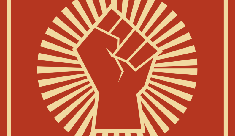 A red and cream-colored banner image of a raised fist.