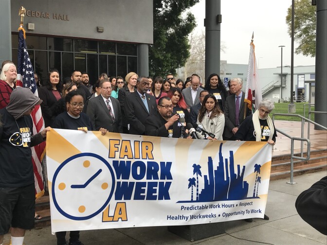 Supporters of retail scheduling protections in Los Angeles gather for a press conference, Feb. 28, 2019.