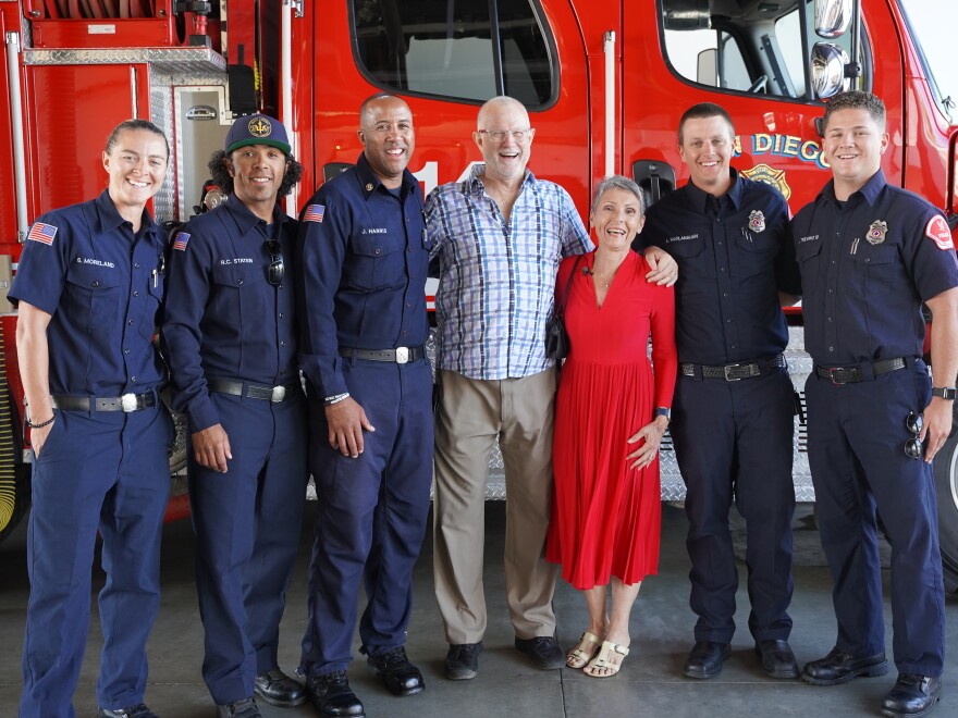 Left to right: SDFD firefighter Bree Moreland, SDFD firefighter/paramedic Roy Staten, SDFD Capt. Jonathan Harris, Steve Cline, Annette Cline, Falck paramedic Andrew McClanahan, and Falck EMT John Trevino III.