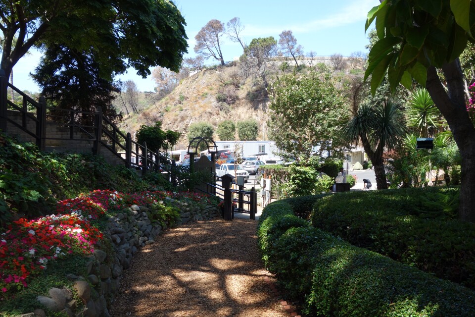 A shaded pathway gives way to a parking lot. Past the parking lot, you can see a barren hillside.