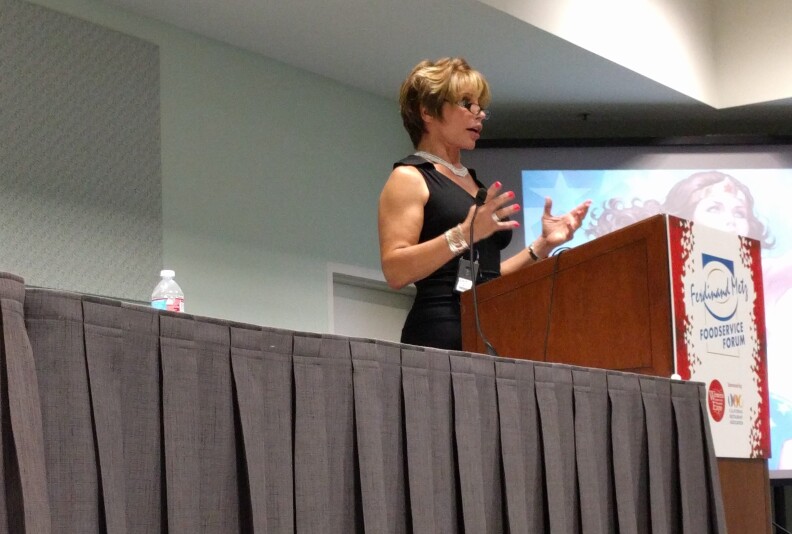 Michaela Mendelsohn, a trans businesswoman, speaks before a seminar at the Western Foodservice and Hospitality Expo at the L.A. Convention Center on August 30, 2016.